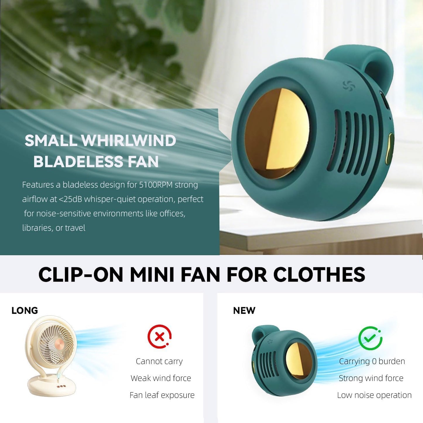 Bladeless Clip-On Mini Fan 3-Speed 360° Rotating – Silent Portable (Green)